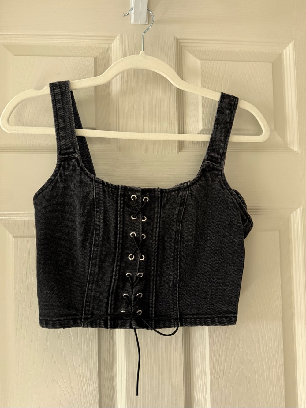 Dark Gray Lace-Up Denim Crop Top